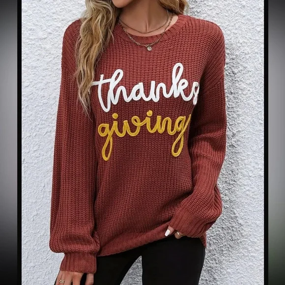 Oversized Thanksgiving Cable Knit Pullover Sweatshirt - Picture 1 of 6